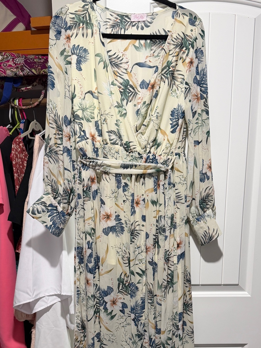 Pink Lily Cream Floral Wrap Maxi Dress with Belt